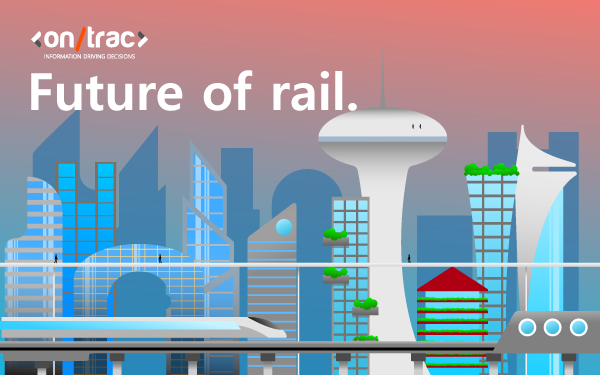 Graphic illustration of a futuristic city with Future Of Rail text overlayed