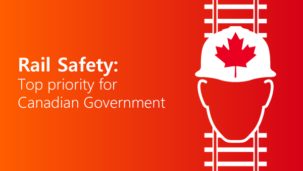 Illustration showing a safety helmet icon on a rail road with the text 'Rail Safety: Top priority for Canadian Government' on the left side.