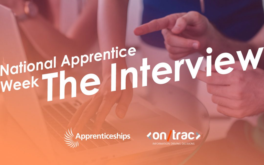 Person shows a work colleague something on their laptop with a title overlayed saying National Apprentice Week The Interview